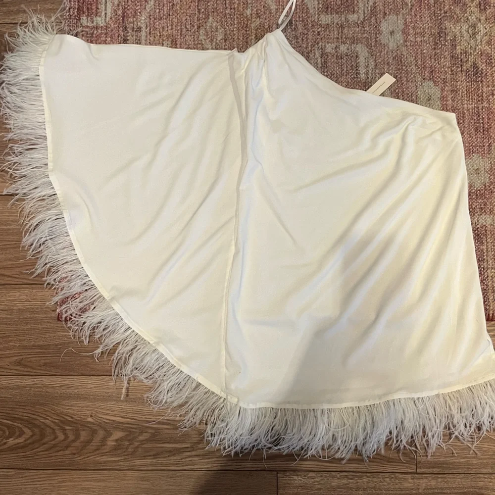 Anthropologie Cream One-Shoulder Dress with Feather Trim - Picture 3 of 6